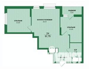 2-к квартира, строящийся дом, 62м2, 19/25 этаж