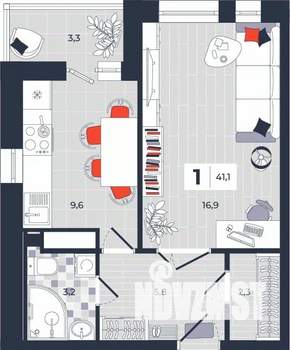 1-к квартира, строящийся дом, 41м2, 4/14 этаж