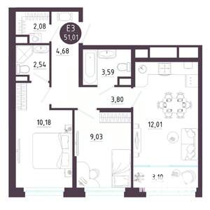 2-к квартира, вторичка, 51м2, 10/10 этаж