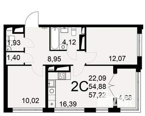 2-к квартира, вторичка, 57м2, 20/25 этаж