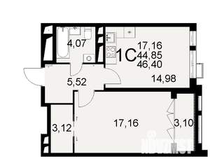 1-к квартира, строящийся дом, 45м2, 2/16 этаж