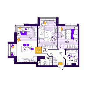 2-к квартира, вторичка, 58м2, 4/12 этаж