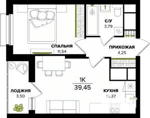 1-к квартира, строящийся дом, 39м2, 22/25 этаж