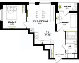 2-к квартира, строящийся дом, 62м2, 13/25 этаж
