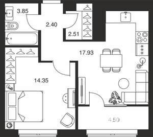 1-к квартира, вторичка, 46м2, 20/25 этаж