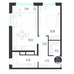 1-к квартира, строящийся дом, 52м2, 7/8 этаж
