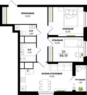 3-к квартира, строящийся дом, 66м2, 22/25 этаж