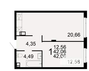 1-к квартира, строящийся дом, 42м2, 4/9 этаж