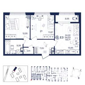 2-к квартира, строящийся дом, 56м2, 6/15 этаж