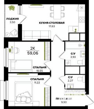 2-к квартира, строящийся дом, 59м2, 6/25 этаж