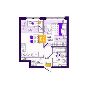 1-к квартира, вторичка, 34м2, 1/12 этаж