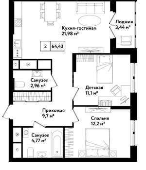 3-к квартира, вторичка, 64м2, 5/25 этаж