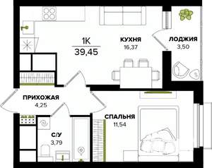 1-к квартира, строящийся дом, 39м2, 18/25 этаж