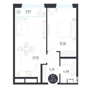 1-к квартира, строящийся дом, 48м2, 3/8 этаж