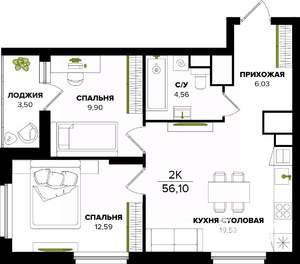 2-к квартира, строящийся дом, 56м2, 22/25 этаж