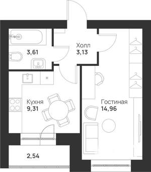 1-к квартира, строящийся дом, 34м2, 3/5 этаж