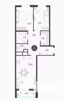 2-к квартира, сданный дом, 69м2, 2/10 этаж
