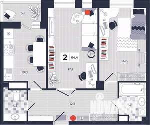 2-к квартира, строящийся дом, 64м2, 3/14 этаж