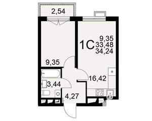 1-к квартира, вторичка, 34м2, 1/16 этаж