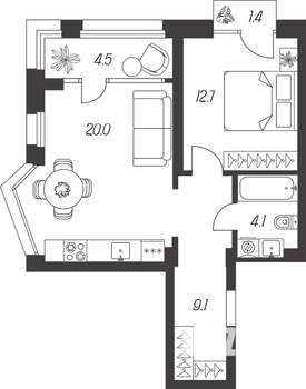 1-к квартира, строящийся дом, 52м2, 4/24 этаж