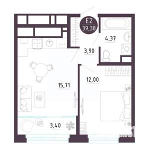 1-к квартира, строящийся дом, 39м2, 6/10 этаж