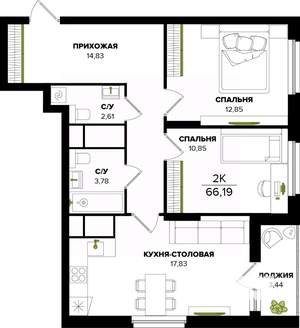 2-к квартира, вторичка, 66м2, 10/25 этаж
