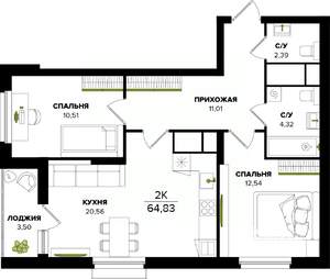 2-к квартира, вторичка, 65м2, 24/25 этаж