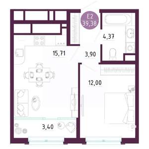 1-к квартира, вторичка, 39м2, 9/10 этаж