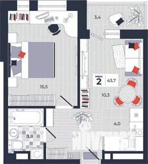 2-к квартира, строящийся дом, 44м2, 14/14 этаж