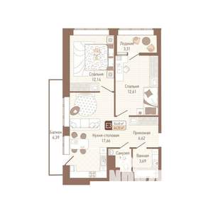 2-к квартира, строящийся дом, 58м2, 14/14 этаж