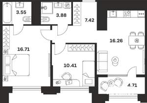 2-к квартира, вторичка, 63м2, 6/10 этаж