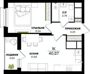 1-к квартира, строящийся дом, 41м2, 13/25 этаж