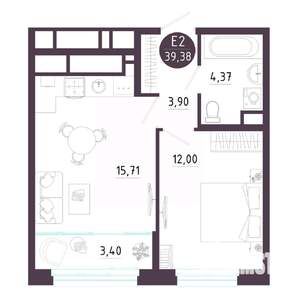 1-к квартира, строящийся дом, 39м2, 6/10 этаж