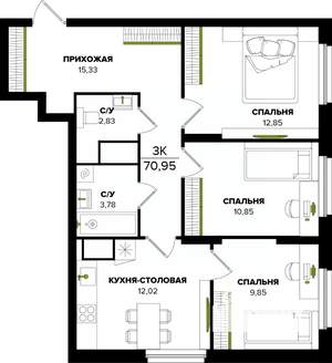3-к квартира, вторичка, 71м2, 6/25 этаж
