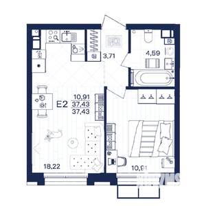 1-к квартира, строящийся дом, 37м2, 12/15 этаж