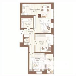 2-к квартира, строящийся дом, 54м2, 8/14 этаж