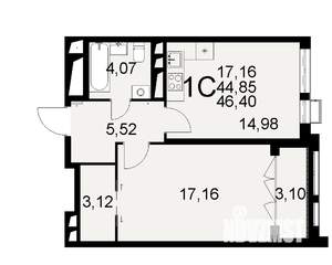 1-к квартира, строящийся дом, 45м2, 15/16 этаж