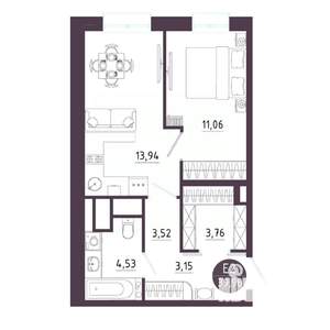1-к квартира, строящийся дом, 40м2, 5/10 этаж