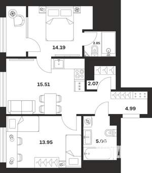 2-к квартира, строящийся дом, 59м2, 2/25 этаж
