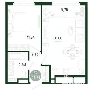 1-к квартира, строящийся дом, 42м2, 23/25 этаж