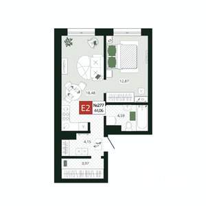 1-к квартира, строящийся дом, 44м2, 9/19 этаж