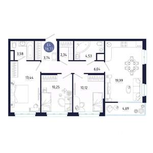 3-к квартира, строящийся дом, 79м2, 3/25 этаж