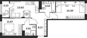 2-к квартира, вторичка, 60м2, 3/15 этаж