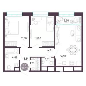 2-к квартира, вторичка, 59м2, 5/10 этаж
