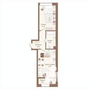 1-к квартира, строящийся дом, 46м2, 1/14 этаж