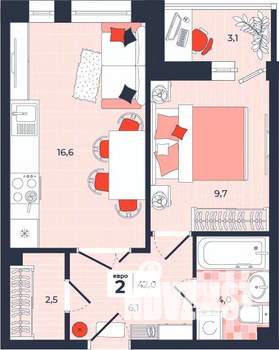 2-к квартира, строящийся дом, 42м2, 2/14 этаж