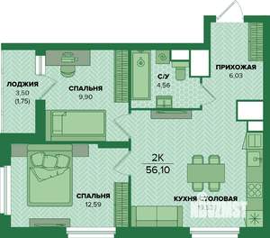 2-к квартира, вторичка, 56м2, 13/25 этаж