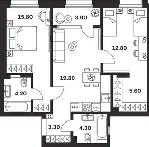 3-к квартира, строящийся дом, 70м2, 19/24 этаж