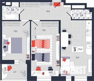 3-к квартира, строящийся дом, 75м2, 7/14 этаж