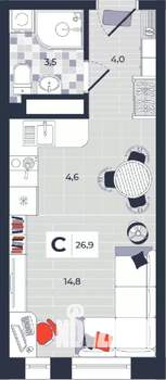 Студия квартира, строящийся дом, 27м2, 9/14 этаж